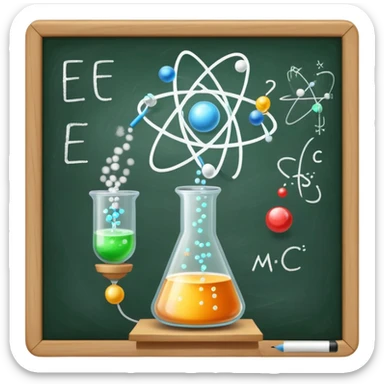 An icon featuring an atom model, a beaker with swirling particles, and a chalkboard with E=mc², symbolizing physics. The design includes a magnet, a pendulum, and a prism splitting light, representing the study of matter, energy, and natural laws. Transparent background  sticker