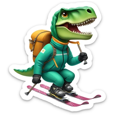 Tyrannosaurus rex downhill skiing wearing a jacket holding poles sticker