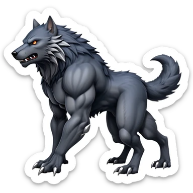 cinematic-noble-fierce-werewolf-full body on all fours-emoji, poised-and-imposing, with a tall, lean, and muscular wolfish frame inspired by the brutal, imposing shape of the beast from Berserk, fur rippling in shades of midnight black and silver, massive paws with razor-sharp claws, elongated limbs and fangs, eyes glowing with an intense, primal ferocity, reflecting the untamed power of the wild moonlit night; rendered with realism like a wolf hunched over battle ready pose ready to attack sticker
