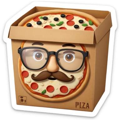 pizza take-out carton with glassess and mustache sticker
