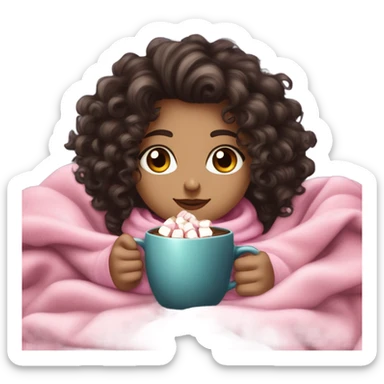 Light skin girl with dark dark brown curly hair under our pink blanket,make her look like a young  make it so you can see the curly hairsipping hot cocoa with marshmallows, cuddled around the blanket, long curly hair, long, medium lashes sticker