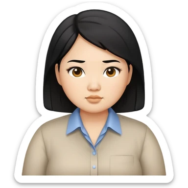 chubby asian waman with round eyebrow, shoulder length black hair, business casualshirt,  sticker