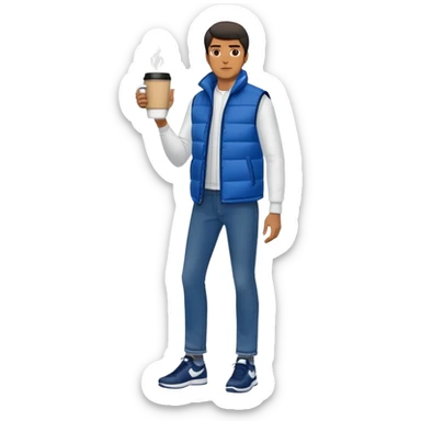 full body man with long sleeve white shirt with blue puffer winter vest with no pockets wearing straight long levi blue jeans with no cuffs and black tennis shoes holding a coffee mug in one hand in front of him and nothing in the other hand and one leg slightly bent sticker