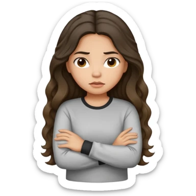 Hispanic light tan girl with long dark wavy hair pouting and arms folded. Wearing a long sleeve. Hair with middle part. sticker