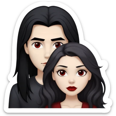 beautiful white girl with black hair and slightly dark red at the end with brown eyes and red lips, with a strong cheekbones and strong face features standing with white slightly dark guy with brown long fluffy hair and grey eyes with also strong skull and cheekbones sticker