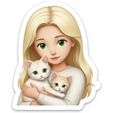 A girl with blonde hair and brown eyes hugs a white kitten with green-brown eyes sticker