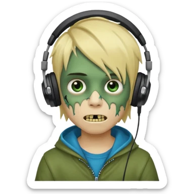 boy zombie whit blonde emo hair and eyes blue and GREEN SKIN and heandphones AND A MICROFONE AND GOLD TEETH  sticker