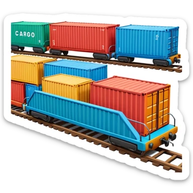 A 3D cartoon cargo train with colorful containers on flatbed cars, industrial background, Memoji-style realism. sticker