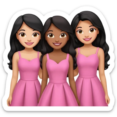 3 besties with professional glammed up looks wearing pink, medium skin tone smiling big with black long hair  sticker