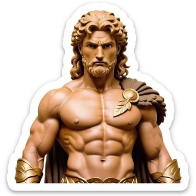 Cinematic Realistic Barbarian Hercules Portrait, depicted as a fierce Greek hero with the chiseled features of Michelangelo's David. His light tan, sculpted skin glows with timeless strength, and his thick, curly, golden brown hair cascades in wild, untamed curls reminiscent of a warrior’s mane. Instead of a flowing white robe with golden accents and a laurel wreath, he wears rugged, weathered leather and fur garments—a tattered, fur-trimmed cloak draped over broad shoulders and a simple circlet forged from iron and bone. His intense, determined eyes exude savage nobility, all rendered under dynamic natural lighting with a mythic, raw, radiant glow. sticker
