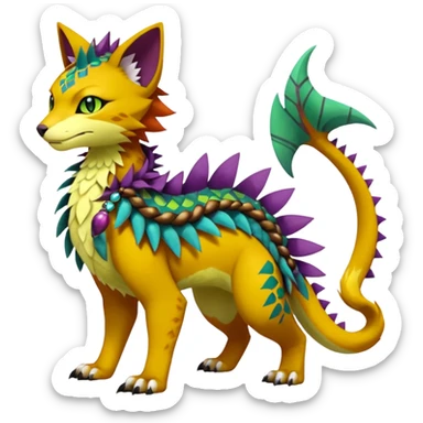 Kawaii cute reddish orangish yellowish greenish purplish exotic tribal beautiful pretty elegant divine edgy feline-vernid-sergal-Fakémon-Pokémon-Digimon-fursona-animal-creature with accessories, jewelries, full body, with intricate detailed markings, furs, fins, scales, spiny sticker