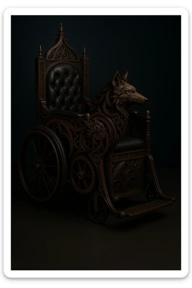 Add a gothic steampunk wolf detail to the wheelchair, keeping Victorian gothic motifs, exposed gears, dark wood, and an elegant and mysterious atmosphere. The design should blend gothic and steampunk aesthetics with intricate mechanical and wood details. sticker