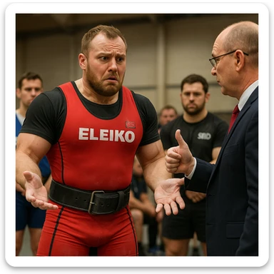 realistic European powerlifter in competition clothing, receiving exclusion verdict from official, incredulous expression, other athletes in background, atmosphere of disappointment, detailed, competition hall background sticker