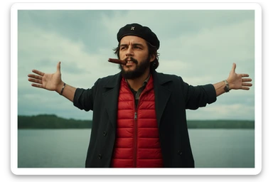 Сгенерируй мне в такой же позе и в такой же одежде Че Гевара и с сигарой в зубах, без надписей и слов sticker