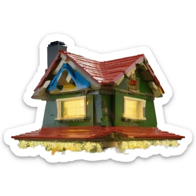  very very big Lego Cabin near a big tree.  Thick moss growing on the roofs. grass fields. porch lights turned off. bright white interior lights turned off. guests sitting in chairs on the porch, flowers and bushes are yellow and blue. sticker