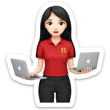 Gere um emoj estilo IOS de uma garota branca, de longos cabelos pretos vestida com um uniforme composto por uma camiseta estilo gola polo vermelha com um detalhe escrito em branco a palavra "RODA" e uma calca preta. Ela deve segurar em uma das maos um mackbook e na outra uma caneta sticker