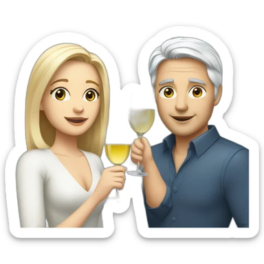 A white woman with brown eyes and blond medium long hair and a white man with blue eyes and grey hair, toasting with a glass of white wine sticker