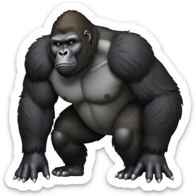 cinematic-friendly gorilla-realistic-full-body-crouched on all fours-emoji,-broad-and-powerful-frame-poised-with-confidence,-massive-arms-hanging-slightly-forward,-head-tilted-thoughtfully,-thick-black-fur,-deep-dark-eyes-full-of-intelligence,-simplified-yet-realistic sticker