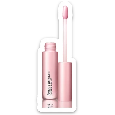 , pastel pink lip oil bottle with a subtle shimmer, giving off a luxurious and hydrating vibe. The bottle is slightly translucent with a soft pink hue sticker