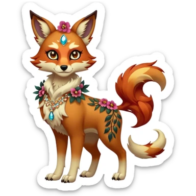 Multicolored gloomy dark edgy spooky hot warm badass realistic floral exotic Falvie-Fionbri-fursona, full body, wearing jewelries sticker