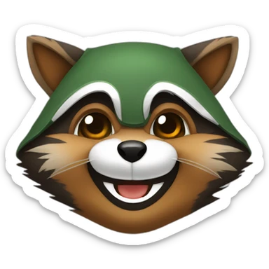brown raccoon with orange eyes and a dark green hood that is laughing sticker