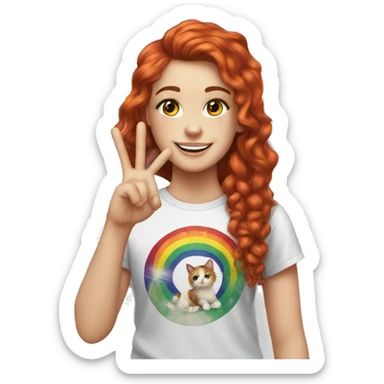 a white girl with long red curly hair in a pony tail with rainbow cat shirt does peace sign  sticker