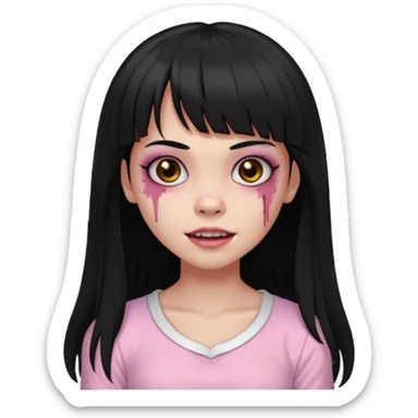 light-skinned black zombie girl with long black hair and bangs, wearing a light pink blouse, slightly smiling sticker