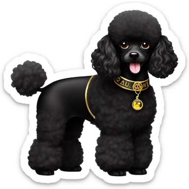 Black miniature poodle with a black Versace collar with a name tag that says Lucy  sticker