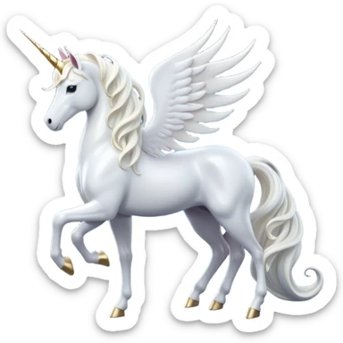 cinematic-beautiful-white-unicorn-full body-emoji,-poised-and-regal,-with-a-slender,-ethereal-form-draped-in-a-pristine-white-color,-a-flowing-mane-and-tail,-and-a-glistening,-spiraled-horn-that-radiates-pure-light,-simplified-yet-sharp-and-majestic, zoomed out to show a majestic unicorn sticker