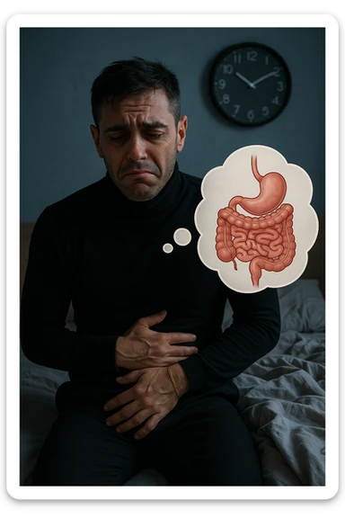 a tired-looking man sits on the edge of his bed at dawn, holding his stomach with a pained expression. Dark circles under his eyes and a messy bed indicate poor sleep. In the background, a clock shows early morning hours, and a thought bubble or overlay highlights digestive organs, emphasizing intestinal discomfort linked to sleep deprivation. sticker