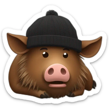 fullface brown boar tired of life with a black winter hat sticker