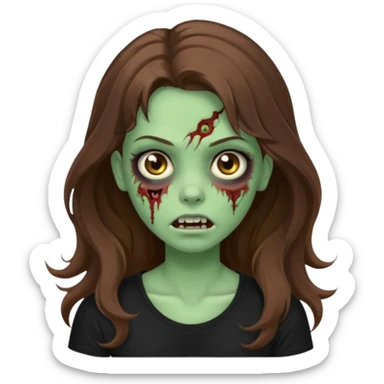 crie uma garotazoombie cabelo ondulado 2c longo castanho castanho comprido e blusa básica preta sem nada com pele esverdeada com rosto fofo  sticker