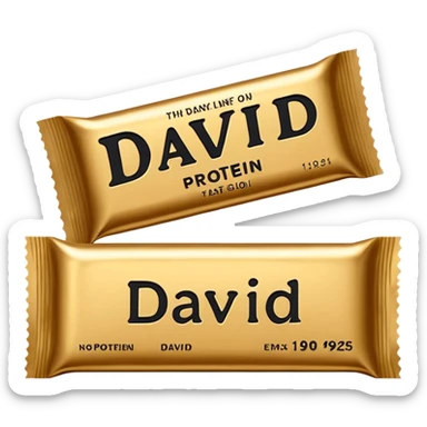 protein bar gold wrapper that says David on it in black font with a small brown box on it  sticker