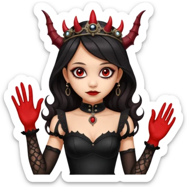 Slim fitting seductive dress Holed and worn Lavish black evening gown with see-through gloves, Jenna Ortega as Addams woman wearing a steampunk mini tiara, very large blood red evil-looking horned old dragon evil eyes  sticker