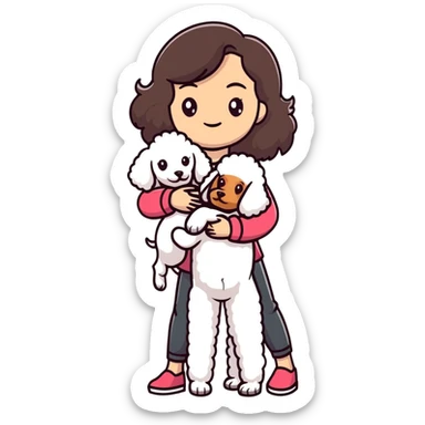 woman with long dark brown hair holding a poodle sticker