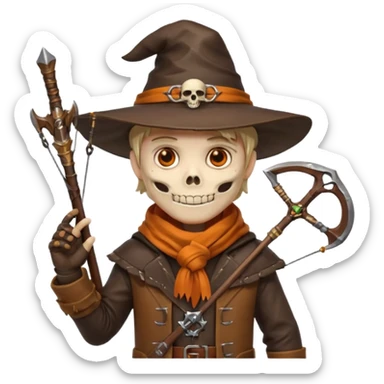 male human monster hunter emoji, wearing brown leather coat and wide hat, holding crossbow or rifle, with amulet shaped like skull, Halloween fantasy theme, confident smile, orange scarf, Apple emoji style, clean white background, square image sticker
