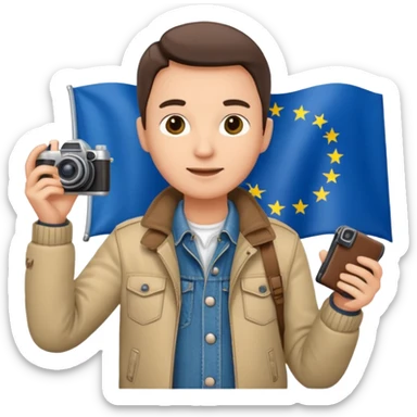 a tourist in europe holding a camera not wearing khaki sticker