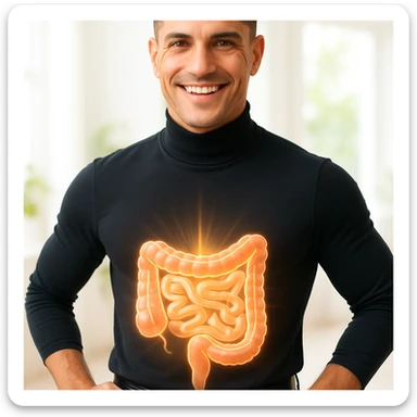 Create a semi-realistic wellness-themed image of a healthy and fit 30-year-old man inspired by the reference image. Show a glowing stylized visualization of a healthy intestine over his abdominal area, with the gut appearing vibrant, clean, well-shaped, and possibly semi-transparent to reveal a clean digestive tract. The man smiles confidently, radiating energy and balance. The background is bright and minimalistic, resembling a health clinic or natural setting, with soft natural lighting and a positive, vibrant atmosphere. sticker