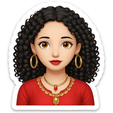 generate a pretty bratz girl with a red kurti, long black curly hair, hoops, sticker