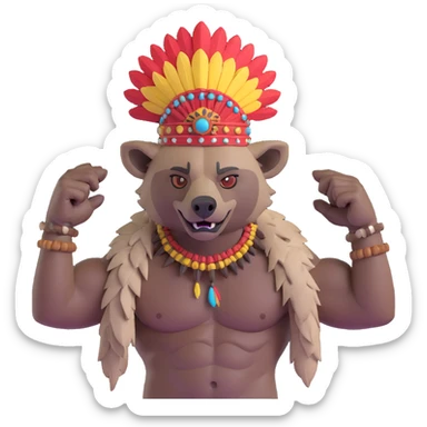 A native strong buff hyena with war bonnet flexing posing holding human head  sticker