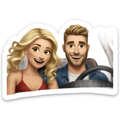 Hyper Realistic beautiful woman and a handsome tattooed man laughing while driving in a fancy car sticker