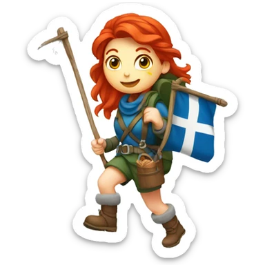red hair female winter mountaineer climbing with Easter basket and Greek flag sticker