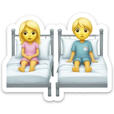 Two blonde children, each in their own bed at home, sick, sad, each wearing a surgical mask, one is a Boy, one is a girl, get well soon sign with yellow heart sticker