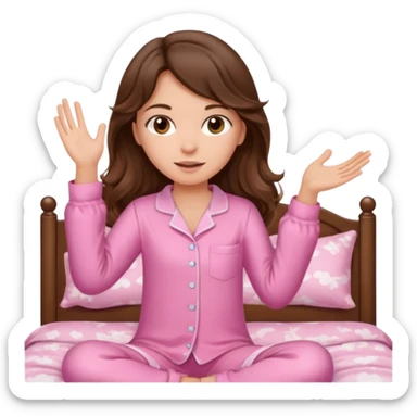 Brunette girl with long wavy brown hair with brown eyes and slapping on a withe bed with cute pink pjs sticker