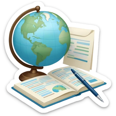 Create an emoji representing language translation. The design should feature a globe in the background, symbolizing international communication. In front of the globe, place two books or sheets of paper with texs on them and a pen nearby to indicate the act of writing. Use a clean and professional color palette with blues, greens, and neutral tones. Make the background transparent. sticker