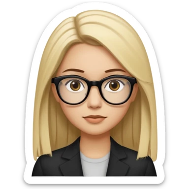 A woman with light skin tone, long straight blonde hair parted to the side, large brown eyes, wearing black-framed glasses, and a neutral expression with a slight smile. sticker