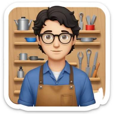 Young caucasian man with black wavy hair, round glasses, brown carpentry apron over a shirt, woodworker sticker