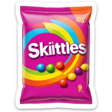 A vintage 90s Skittles package with neon accents, radical 90s American style, old school logo, bright and colorful sticker