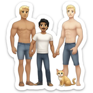 Gay couple, 1 Latino male heritage taller black hair a bit muscled, the other one white Australian male blonde hair holding hands with a cat in the middle of them. Full body sticker