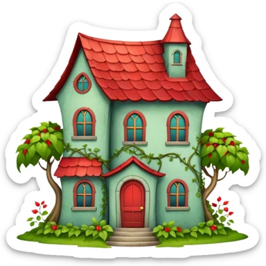 an old magic house with Tall crooked building with red roof.

 sticker